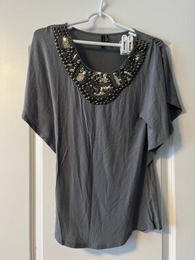 Guess by Marciano Gray Beaded Scoop Neck Blouse